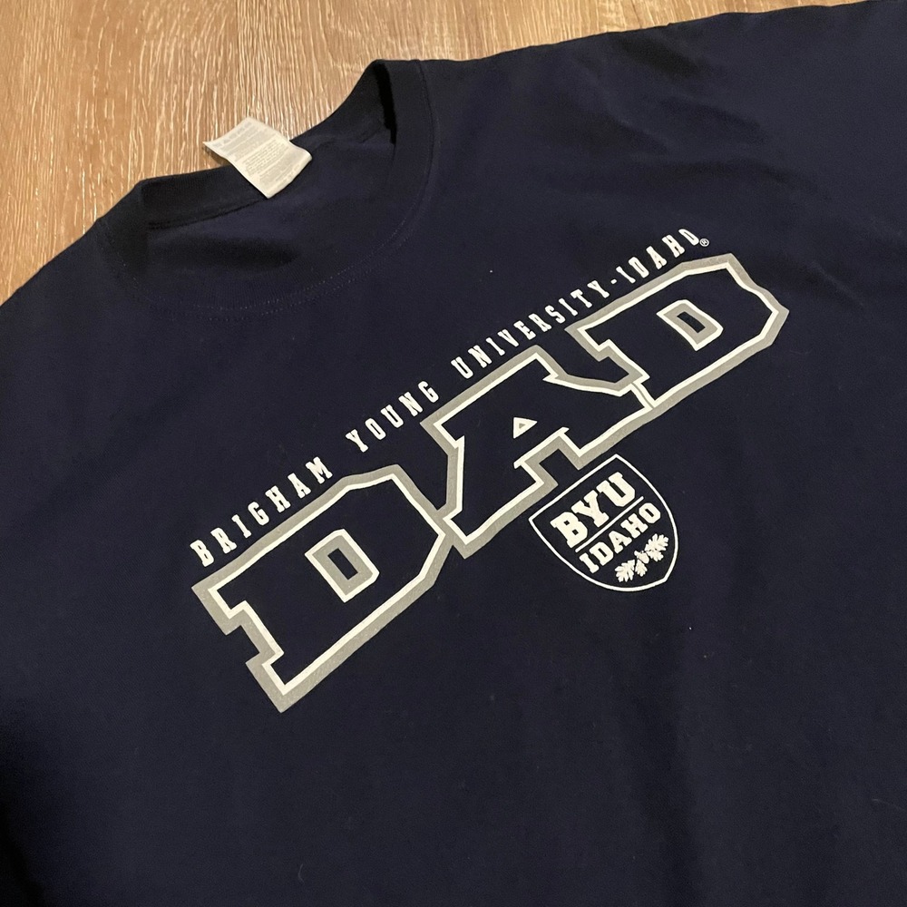Jerzees Mens BYU Idaho Dad T-Shirt Size XL Navy Blue Cotton Blend Graphic Tee